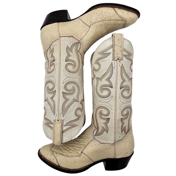 Vintage Cowboy Boots Quill Ostrich Cream Ivory Sanders Men's 7.5D Western Boots - Picture 6 of 16